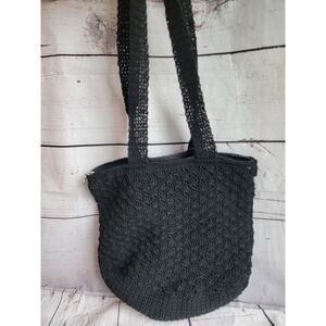 Woven Crochet Style Bag Purse w/Handle Black Zip Top Pocket Inside 12x8 in